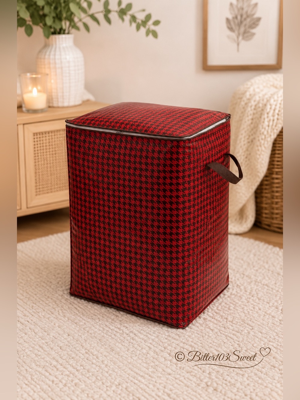 🔴 Storage Bag with Zipper - Red & Black Houndstooth Organizer